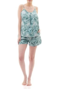 Palms Cotton Camisole & Short Set (Green)