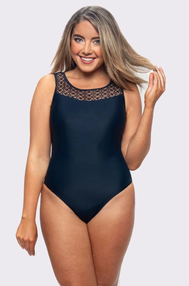 Lace Yoke One Piece Swimsuit (Navy) 3 Lace Yoke One Piece Swimsuit (Navy)