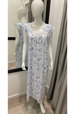 Louise Long Cotton Flutter Sleeve Nightie (Blue)