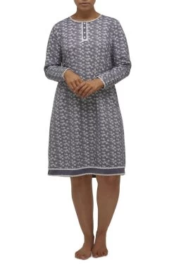 Lucy Long Sleeve Cotton Nightie (Gunmetal)